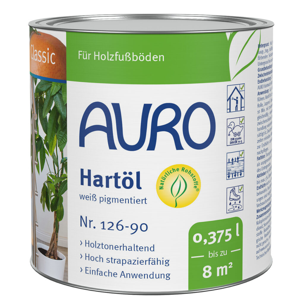 AURO Hartöl, weiß pigmentiert Nr. 126-90 in 0,375 Liter Dose für helle Holzflächen
