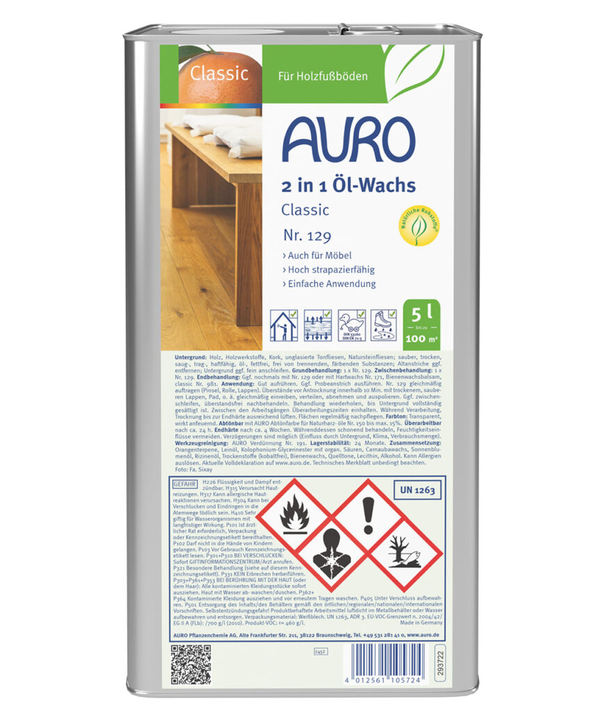 AURO 2 in 1 Öl-Wachs Classic Nr. 129 im 2,5 Liter Kanister für großflächige Holzbehandlung