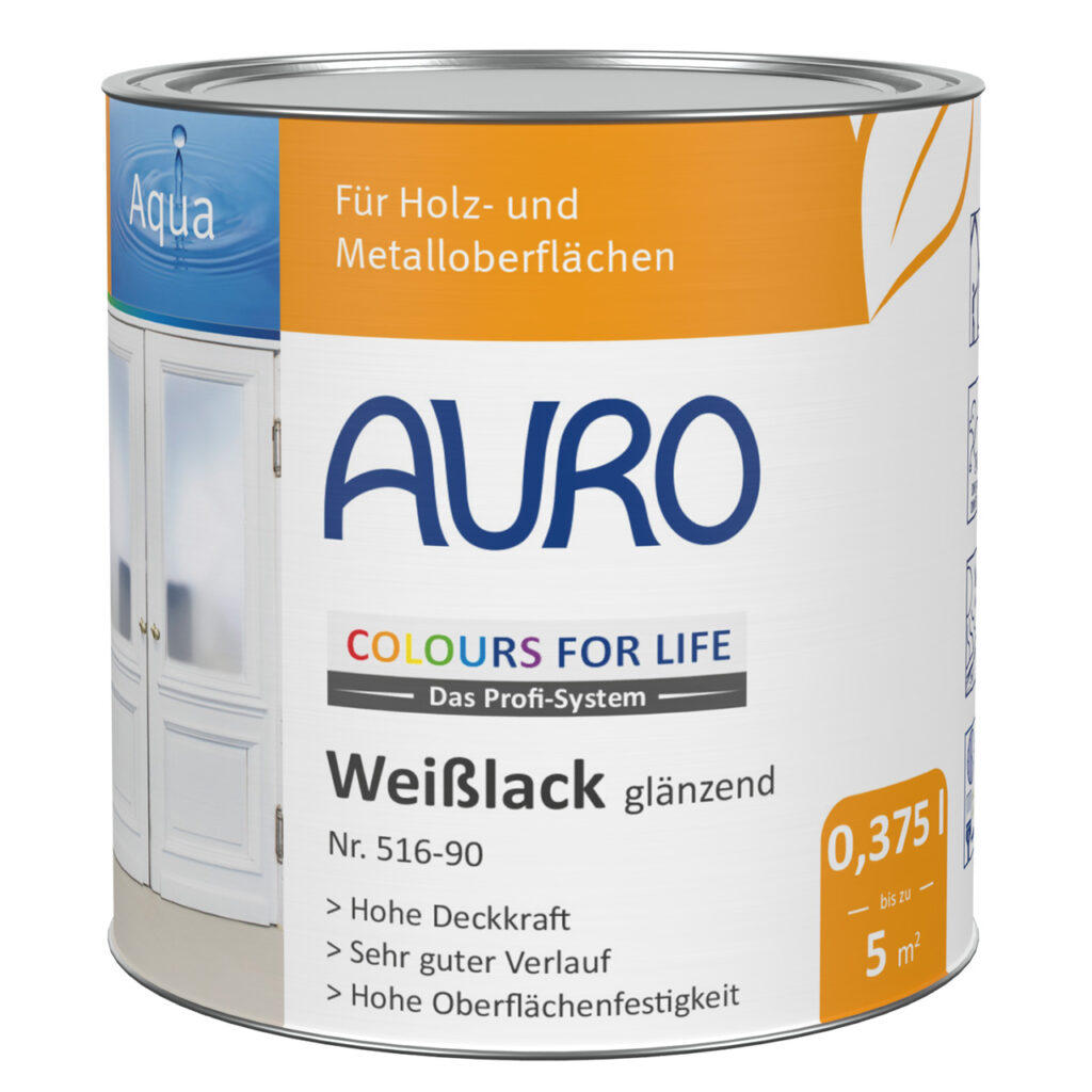 AURO COLOURS FOR LIFE Weißlack glänzend Nr. 516-90 in 0,375 Liter Dose für Holz und Metall, glänzend, lösemittelfrei