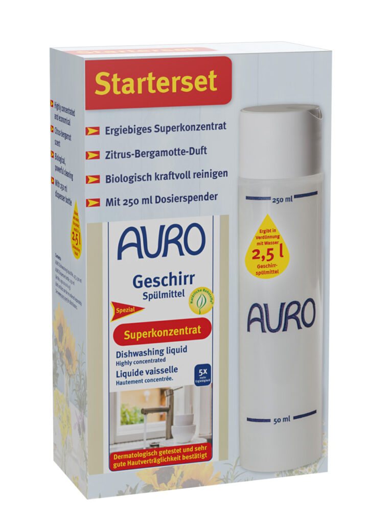 AURO Starterset mit Geschirrspülmittel Nr. 473-01 und Dosierflasche – für einfache und sparsame Anwendung beim Spülen.