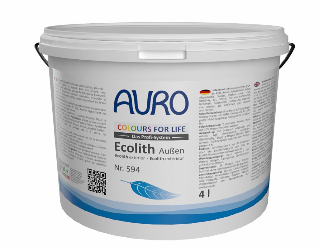 AURO COLOURS FOR LIFE Ecolith Außen Nr. 594 Fassadenfarbe im 4 Liter Gebinde, mineralische Außenfarbe mit hoher Deckkraft für Fassaden und Putze.