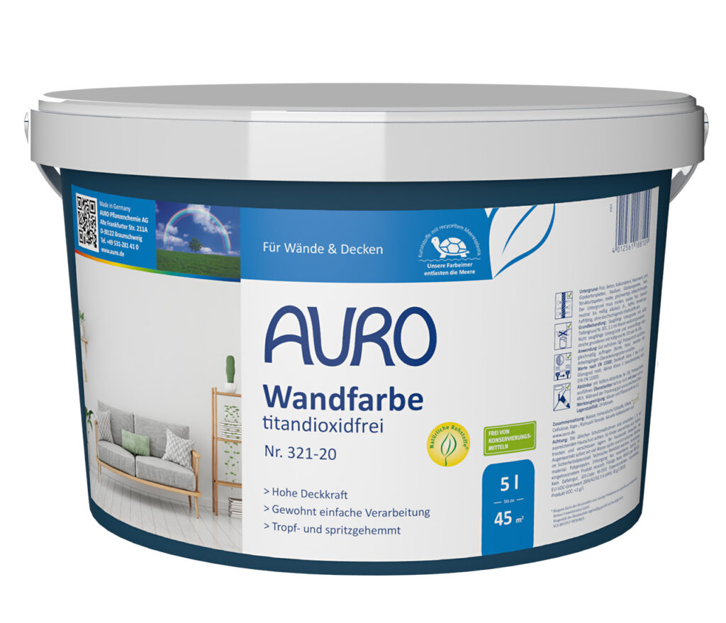 AURO Wandfarbe, titandioxidfrei Nr. 321-20 im 5 Liter Gebinde – konservierungsmittelfrei und tropfarm mit hervorragender Deckkraft.