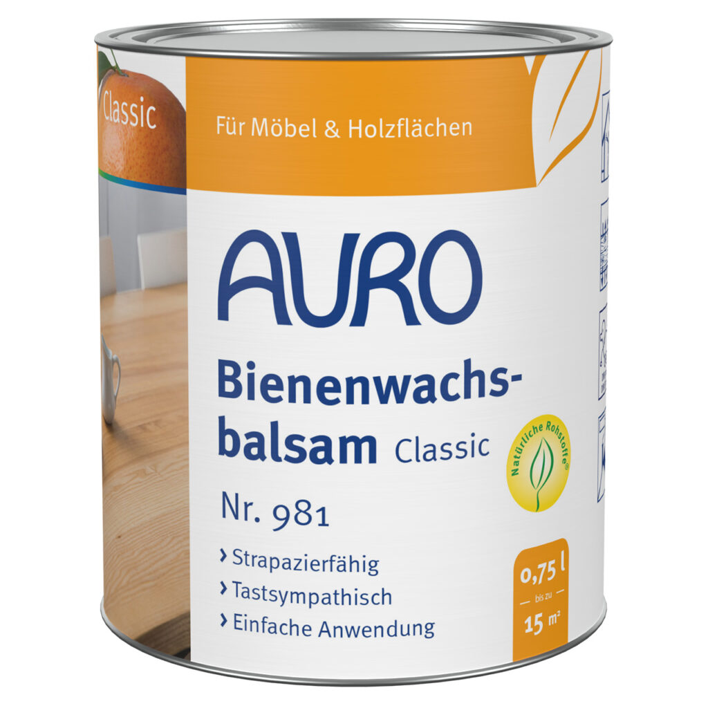 AURO Bienenwachsbalsam Nr. 981 in 0,75 Liter Dose für seidenmatte, honiggetönte Holzoberflächen im Innenbereich
