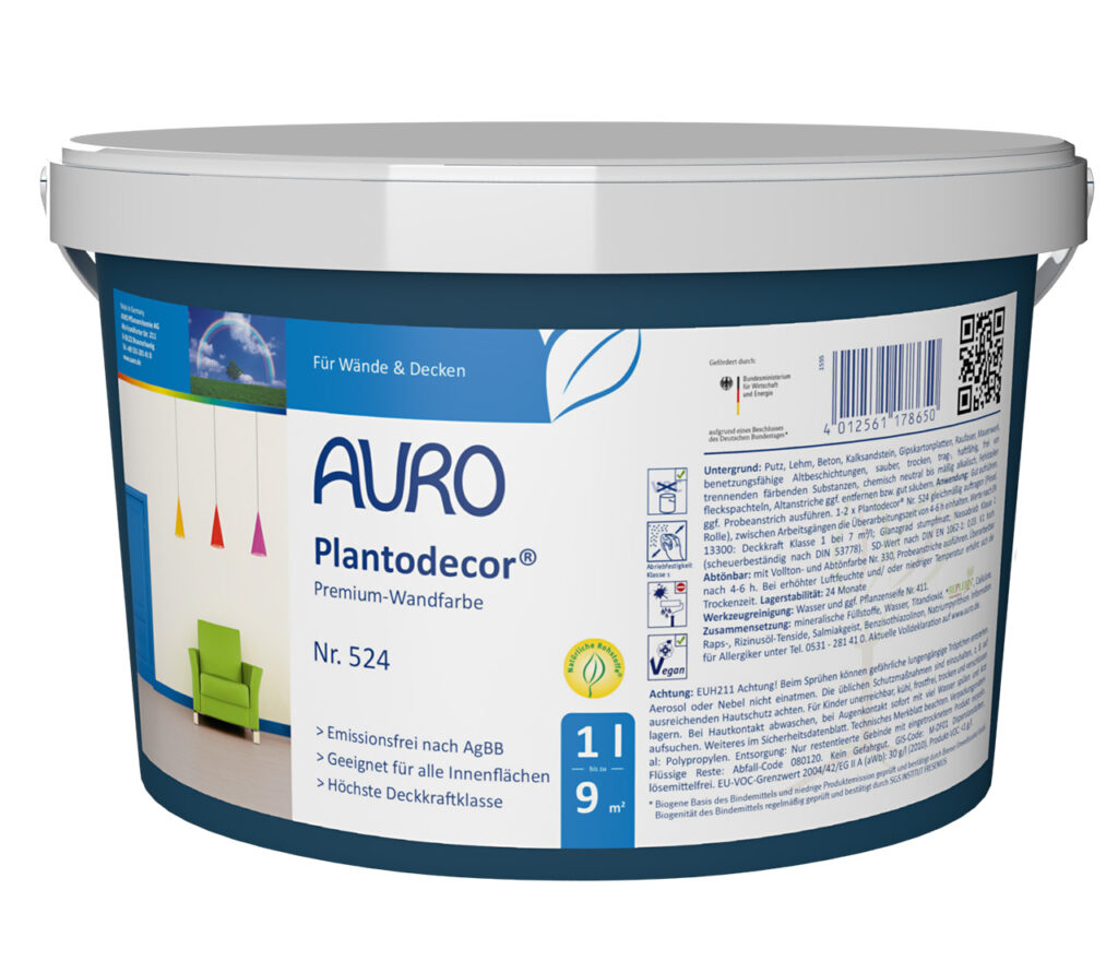 AURO Plantodecor Premium-Wandfarbe Nr. 524 in 1 Liter Gebinde, tropf- und spritzarm, ideal für Wohnräume geeignet