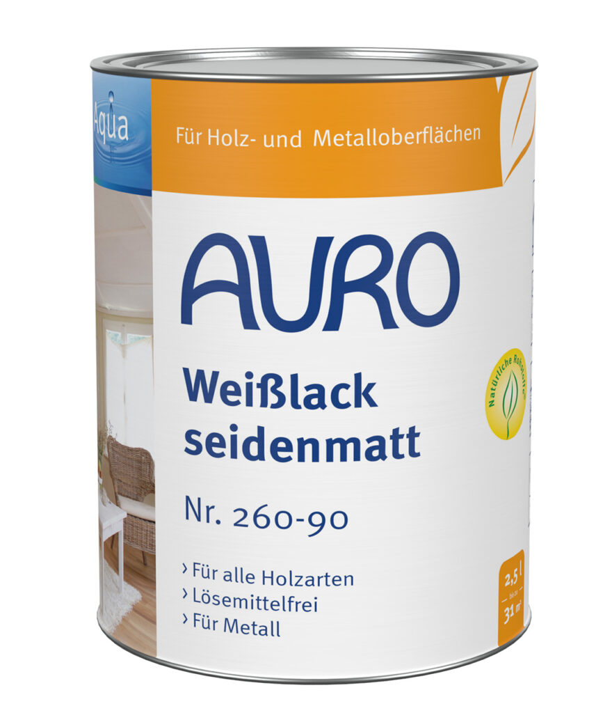 AURO Weißlack, seidenmatt, Aqua Nr. 260-90 in 2,5 Liter Dose – lösungsmittelfrei, für große Flächen im Innenbereich