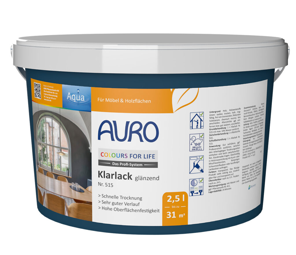 AURO COLOURS FOR LIFE Klarlack, glänzend im 2,5 Liter Gebinde – geeignet für Kindermöbel und Spielzeug