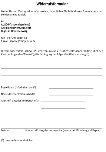 Ein deutsches Widerrufsformular mit Feldern für Empfängeradresse, Bestelldetails und Kundenunterschrift, formatiert für den Druck und das manuelle Ausfüllen.