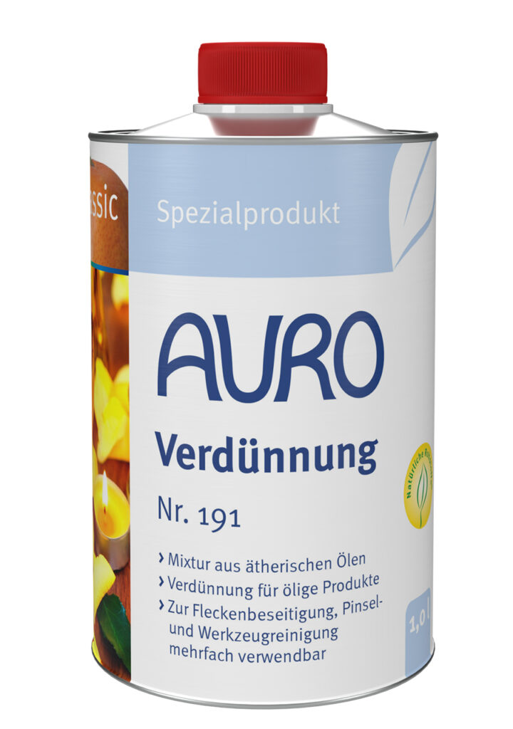AURO Verdünnung Nr. 191 in 1 Liter Blechflasche – gebrauchsfertige Mischung aus Balsamterpentinöl und Orangenöl.