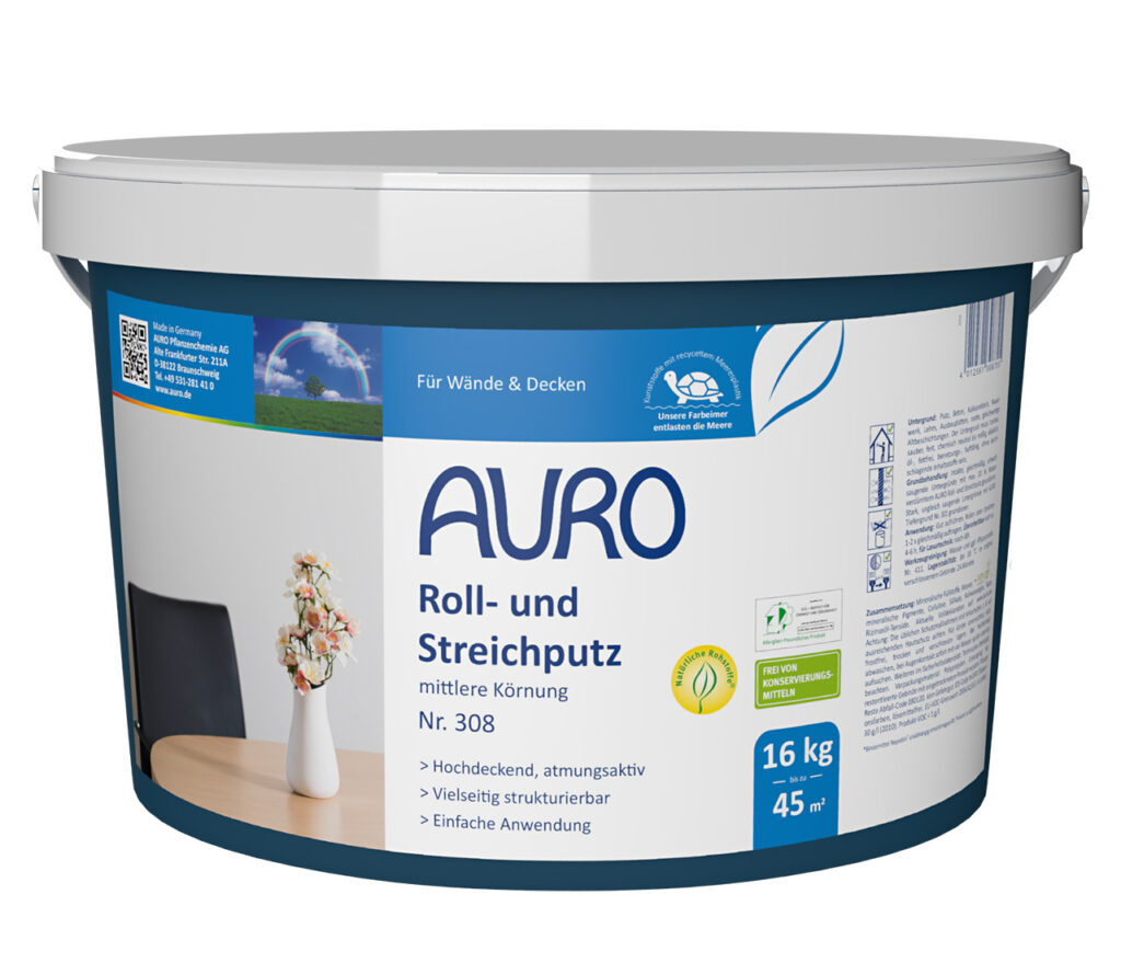 AURO Roll- und Streichputz Nr. 308 im 16 kg Gebinde – matt-weißer Putz mit mittlerer Körnung für kreative Wandgestaltung