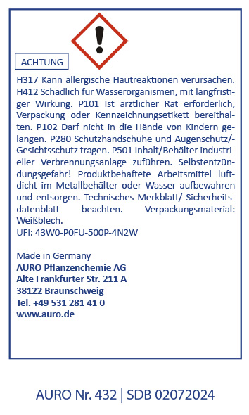 Ein deutsches Sicherheitsetikett mit Gefahrensymbol warnt vor Hautallergien und Umweltschäden. Detaillierte Anweisungen und Kontaktinformationen der AURO Pflanzenchemie AG, einschließlich Adresse, Telefonnummer und Produktdetails, werden angezeigt.