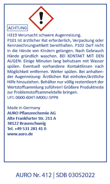 Sicherheitshinweis in deutscher Sprache für AURO Produkt 412 mit Hinweisen auf Augenreizung, Kinderschutz und Augenkontakt. Herstellerangaben und Notrufnummern sind aufgeführt.