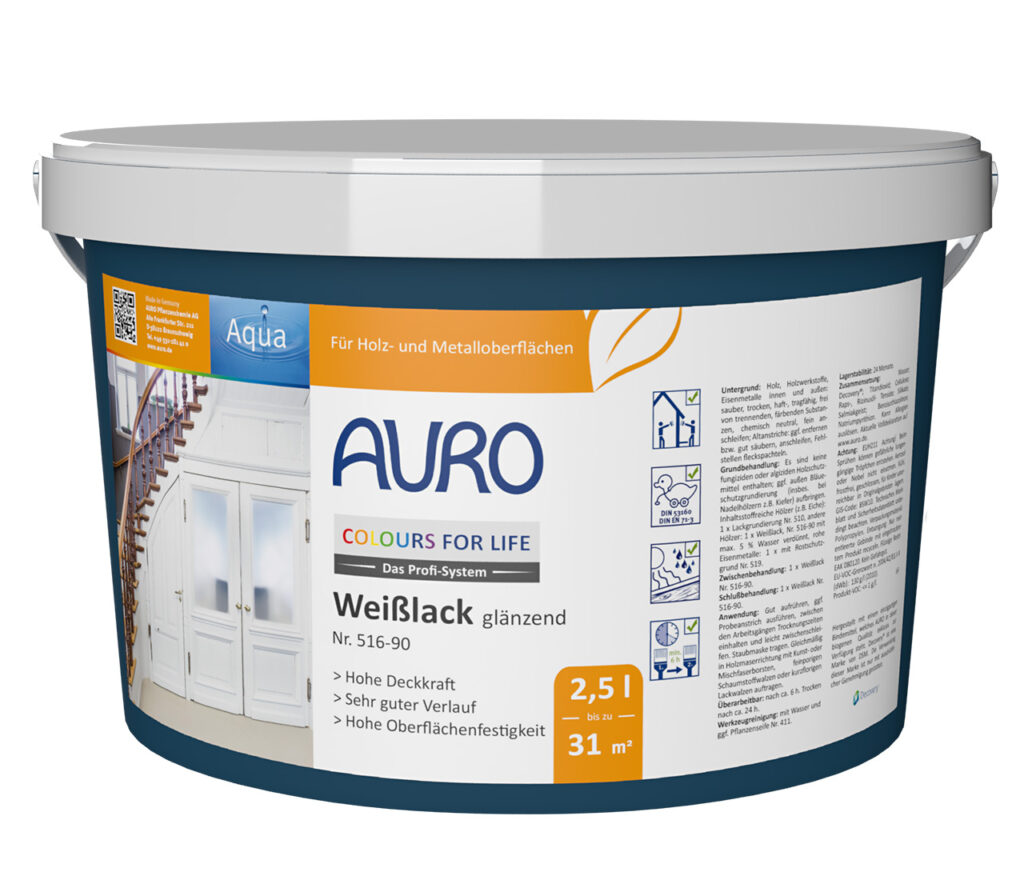 AURO COLOURS FOR LIFE Weißlack glänzend Nr. 516-90 im 2,5 Liter Gebinde für Holzwerkstoffe und Metall