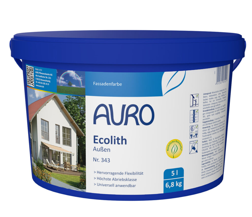 Weiße Fassadenfarbe AURO Ecolith Außen Nr. 343 in 5 Liter Gebinde – hohe Deckkraft, schimmelhemmend und besonders ergiebig.