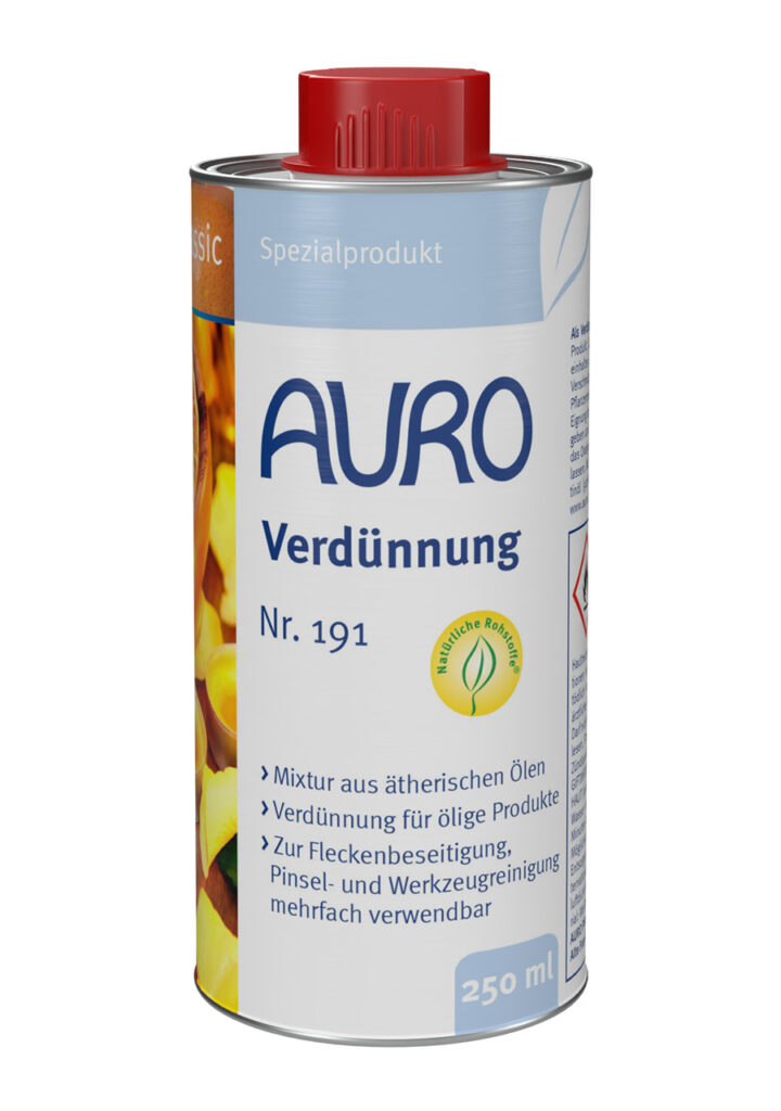 AURO Verdünnung Nr. 191 in 0,25 Liter Blechflasche – vielseitiges Lösungsmittel für PurSolid- und Classic-Produkte.
