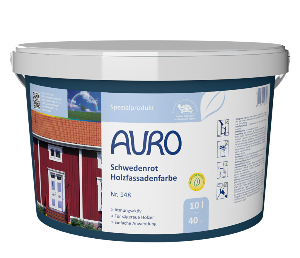 AURO Schwedenrot Holzfassadenfarbe Nr. 148 im 10 Liter Gebinde – lösemittelfrei für Schwedenhaus-Optik