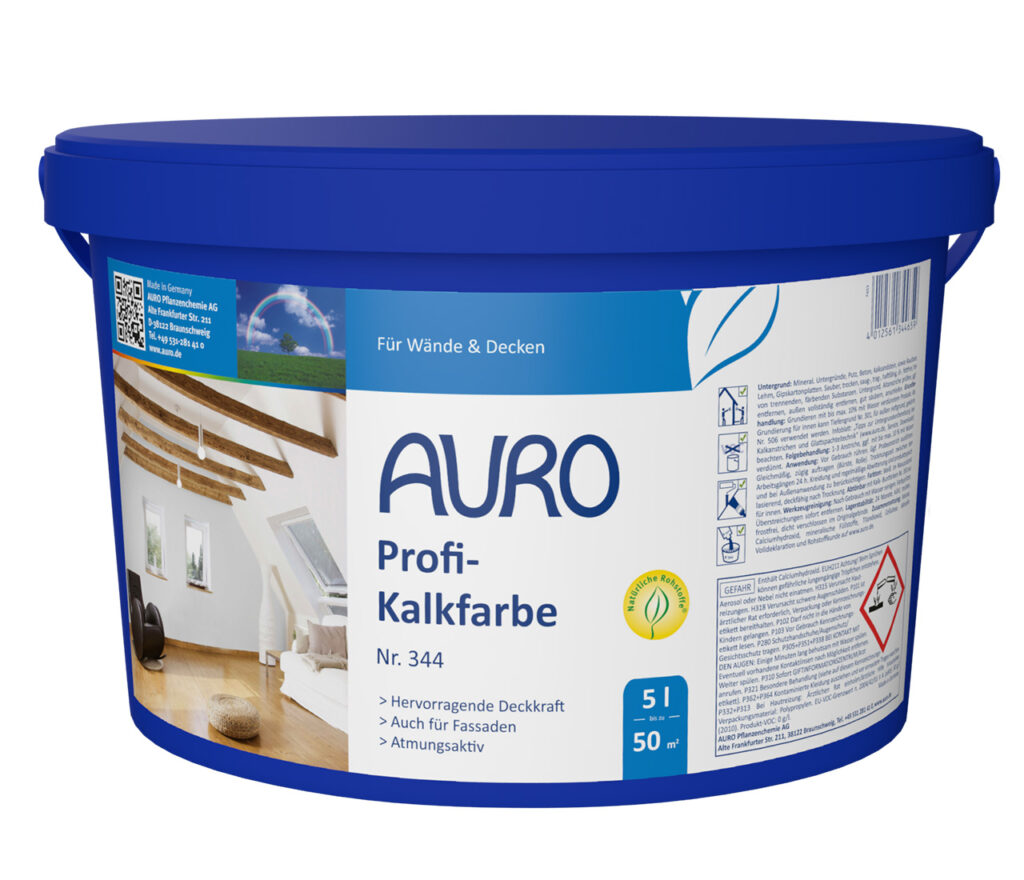 AURO Profi-Kalkfarbe Nr. 344, 5 Liter Gebinde – diffusionsoffene Kalkfarbe mit Schimmelschutz für Innenräume und denkmalgeschützte Bauten