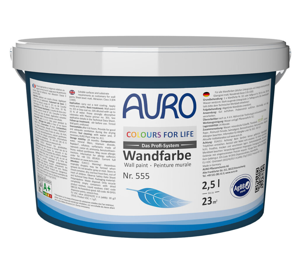 AURO COLOURS FOR LIFE Premium Wand- und Deckenfarbe Nr. 555 im 2,5 Liter Gebinde für streifenfreie Wände in Wohnräumen