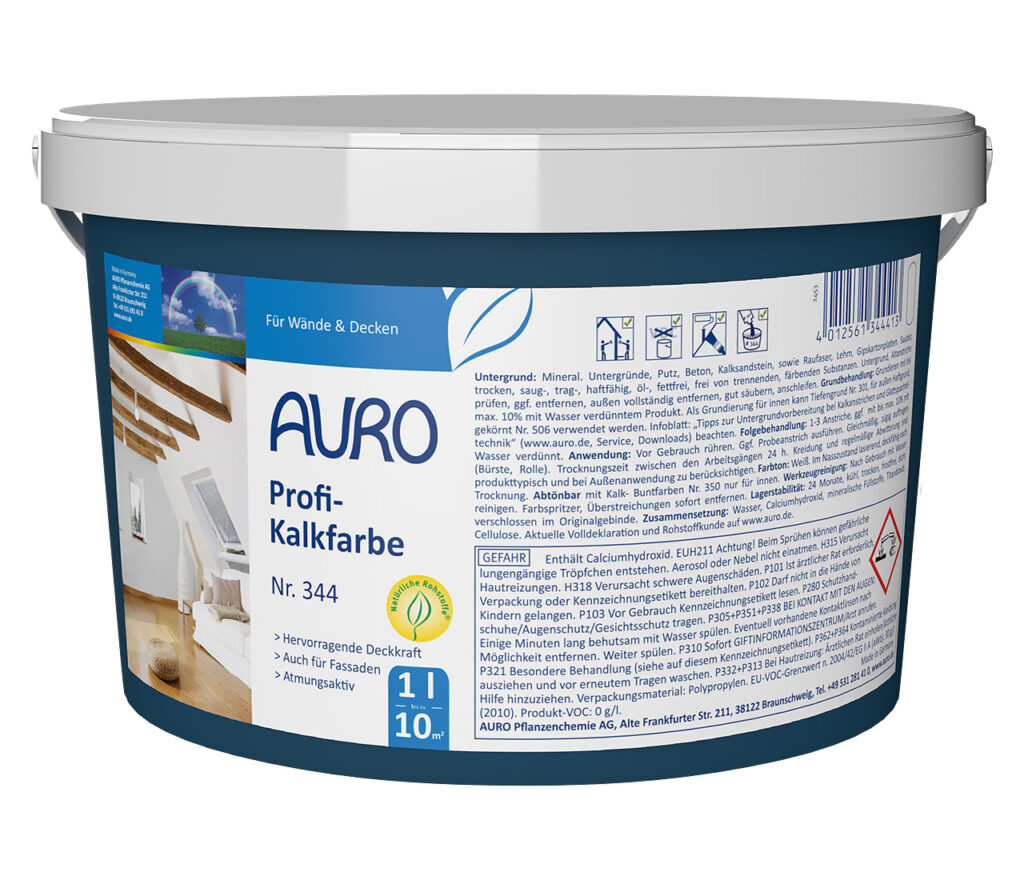 AURO Profi-Kalkfarbe Nr. 344, 1 Liter Gebinde – mineralische Innenfarbe auf Sumpfkalkbasis, ideal für gesundes Raumklima
