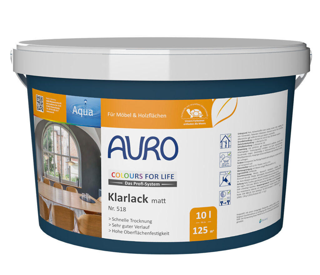 AURO COLOURS FOR LIFE Klarlack, matt Nr. 518 als 10 Liter Gebinde für großflächige Holzobjekte innen