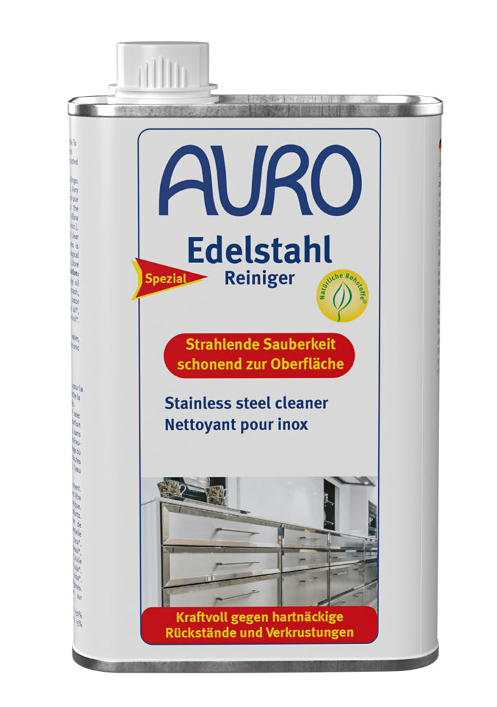 AURO Edelstahl-Reiniger Nr. 663 in 0,5 Liter Blechflasche – kraftvoll gegen Verkrustungen auf Edelstahlflächen.