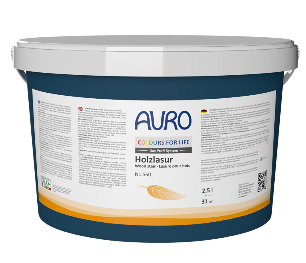 AURO COLOURS FOR LIFE Holzlasur Nr. 560 im 2,5 Liter Gebinde – maschinell abtönbar, schnelltrocknend, ideal für Holz im Außenbereich