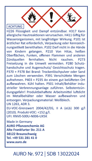 Ein Warnhinweis mit Gefahrensymbolen und ausführlichen Sicherheitshinweisen in deutscher Sprache zum Umgang mit einem chemischen Produkt der AURO Pflanzenchemie AG, einschließlich Notfall- und Umweltschutzmaßnahmen.