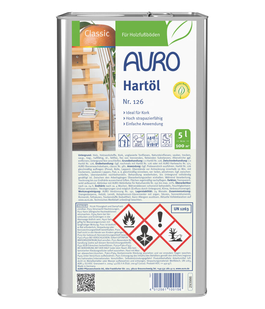 AURO Hartöl Nr. 126 im 5 Liter Kanister – ideal für größere Holzflächen im Wohnbereich