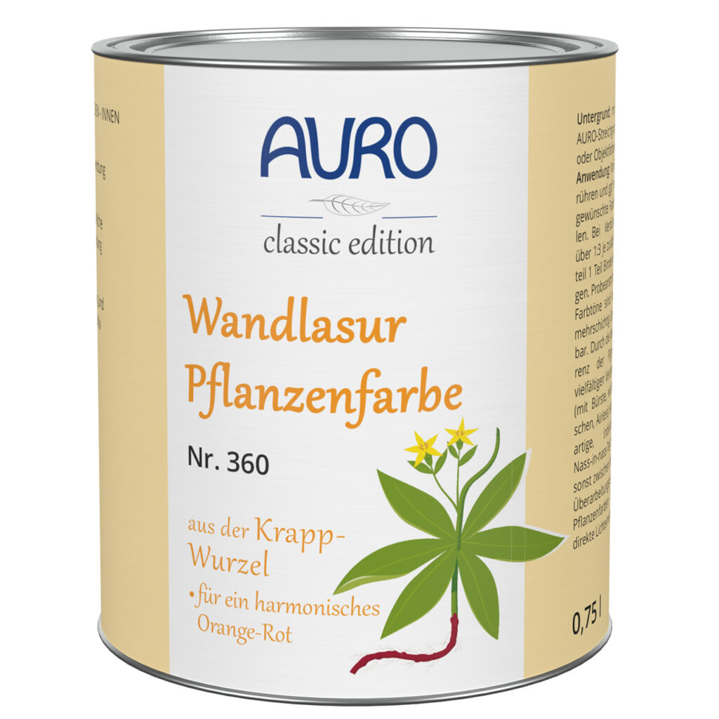 AURO Wandlasur-Pflanzenfarbe Nr. 360 in Reseda-Krapp-Orange, 0,75 Liter Dose – Farbvielfalt mit Pflanzenpigmenten
