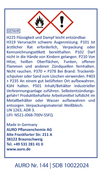Ein deutsches Sicherheitsetikett mit roten Gefahrensymbolen, Sicherheitshinweisen und Warnhinweisen für eine brennbare Flüssigkeit der AURO Pflanzenchemie AG, inklusive Vorsichtsmaßnahmen und Kontaktinformationen.
