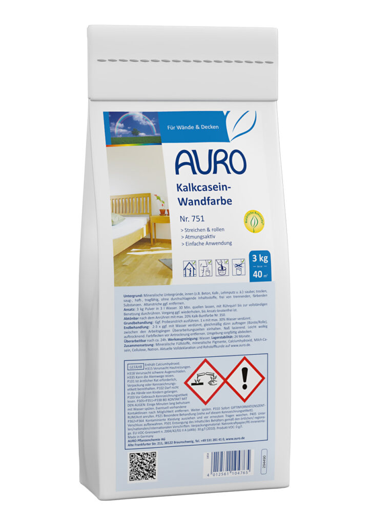 AURO Kalkcasein-Wandfarbe Nr. 751 im 3 kg Sack, weiße seidenmatte Pulverfarbe zum Selbstanrühren für Innenwände
