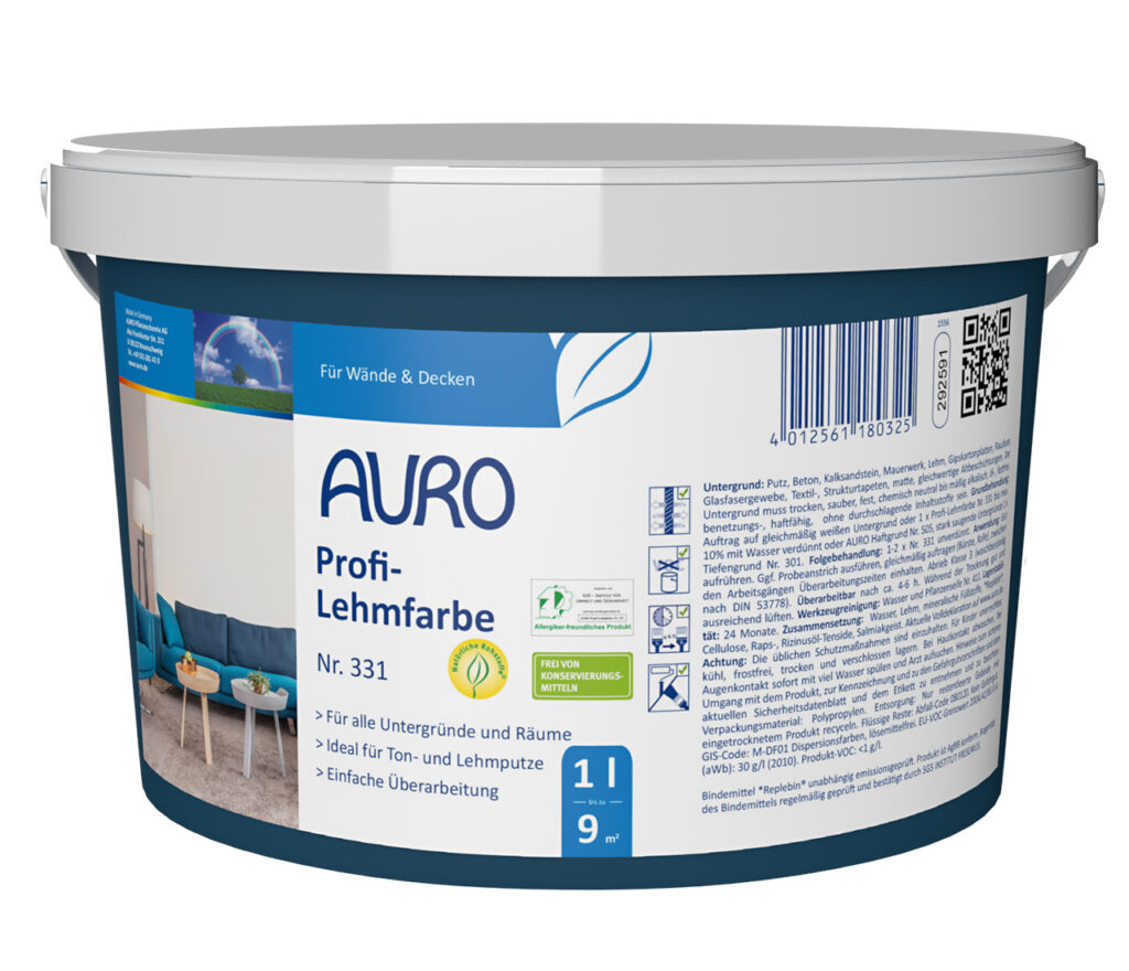 AURO Profi-Lehmfarbe Nr. 331 im 1 Liter Gebinde, konservierungsmittelfrei, diffusionsoffen und spritzwasserresistent.