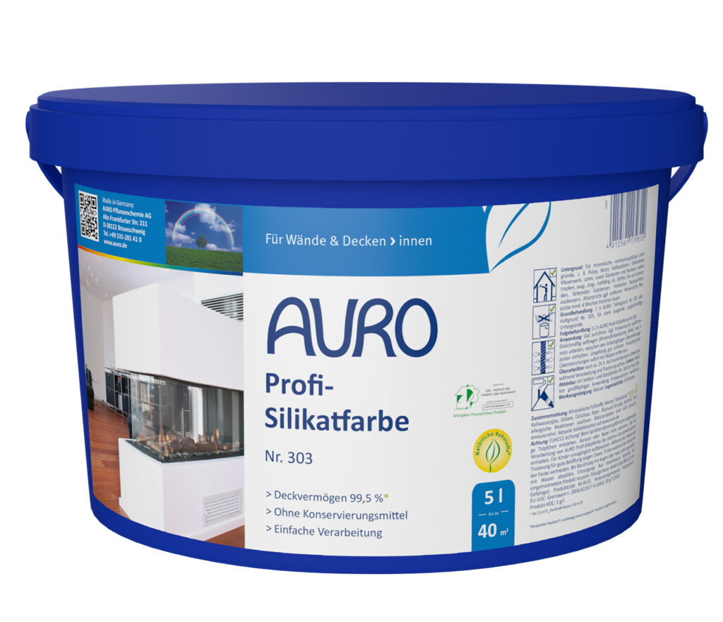 AURO Profi-Silikatfarbe Nr. 303 in weiß im 5 Liter Gebinde – konservierungsmittelfrei, deckstark, langlebig und diffusionsoffen