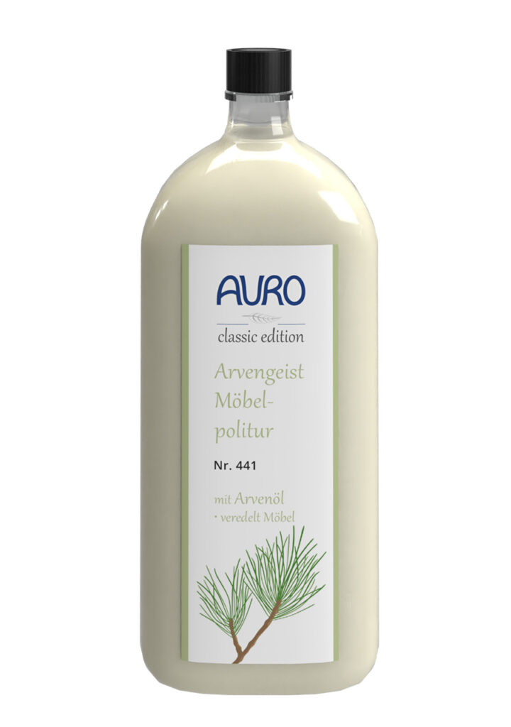 AURO Arvengeist-Möbelpolitur in 0,25 Liter Glasflasche mit Arvenöl für antistatische, wachspflegende Holzoberflächen