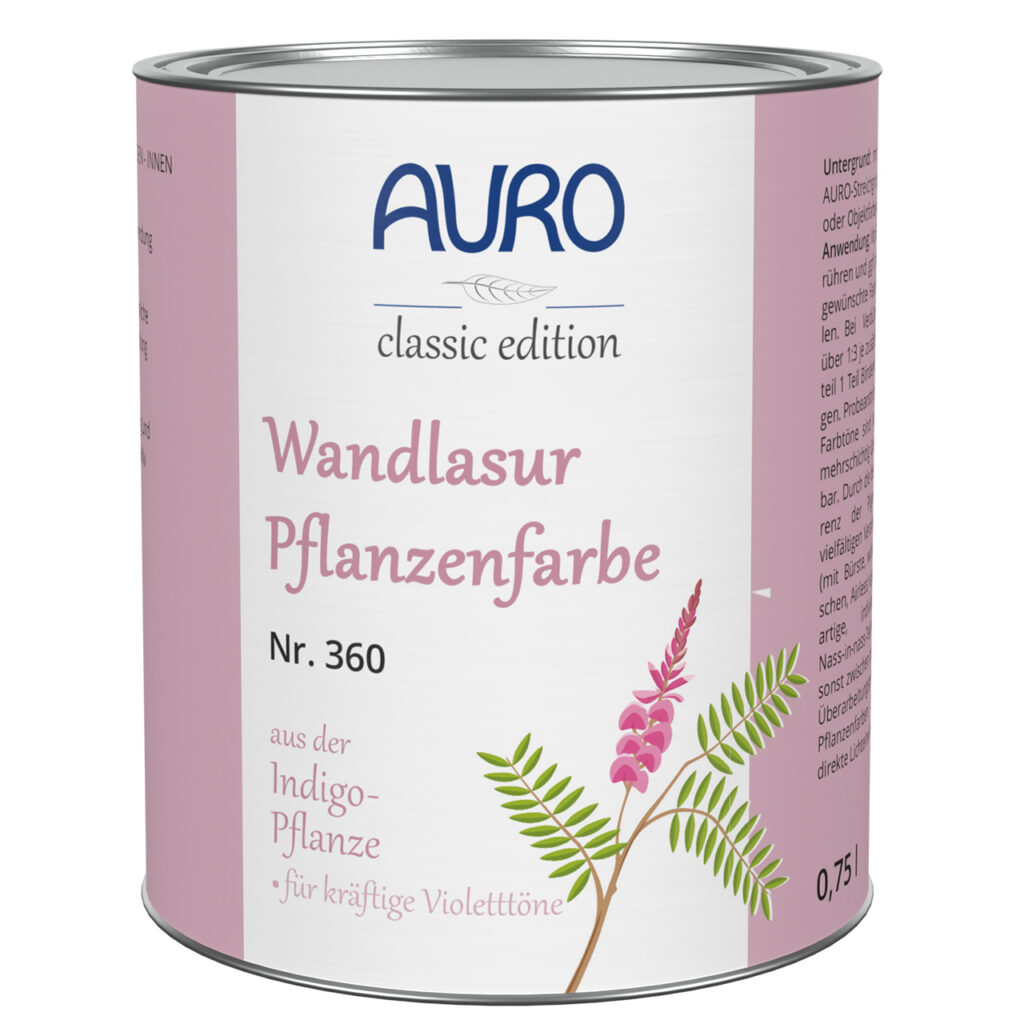 AURO Wandlasur-Pflanzenfarbe Nr. 360 in Indigo-Rotviolett, 0,75 Liter Dose – farbintensive Lasur mit Schichttechnik