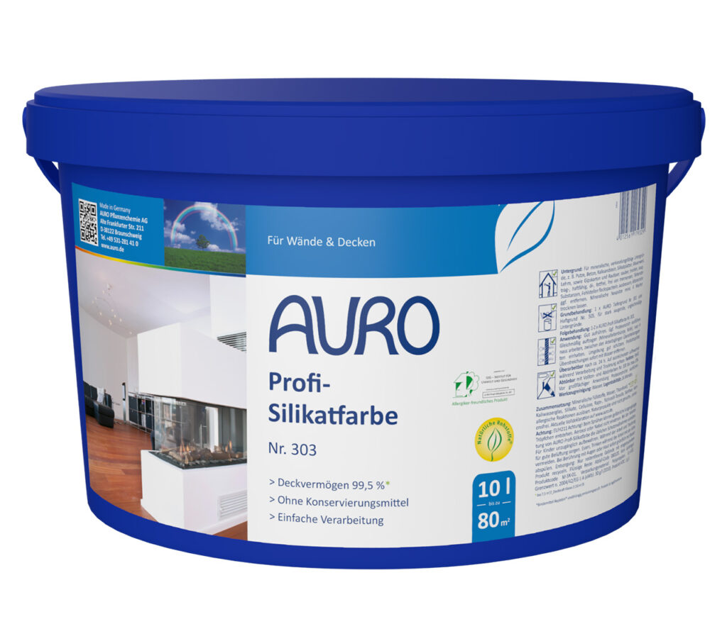 AURO Profi-Silikatfarbe Nr. 303 als 10 Liter Gebinde – schimmelhemmend, deckend, für Beton, Gipskarton und Raufaser geeignet