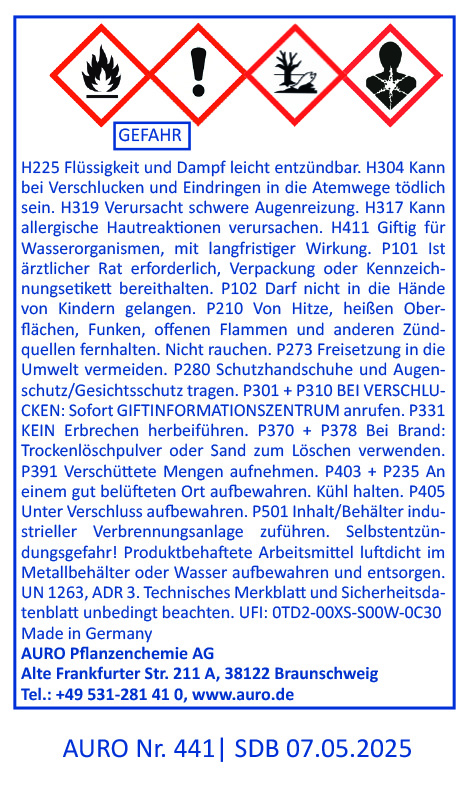 Ein deutsches Warnschild für Chemikalien mit Gefahrensymbolen, Sicherheitshinweisen und Kontaktdaten der AURO Pflanzenchemie AG. Das Schild enthält Sicherheitssätze, Gefahrencodes und den fettgedruckten Text „GEFAHR“.