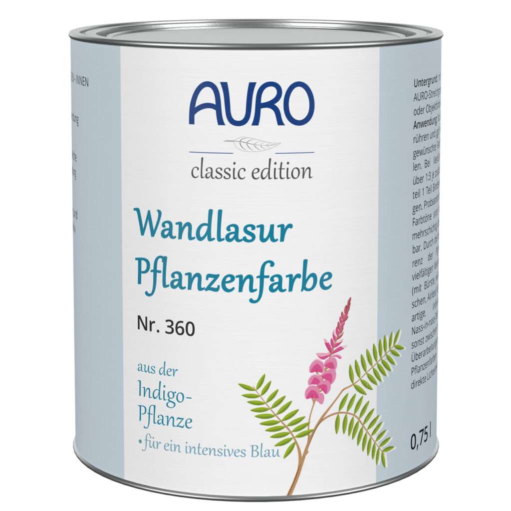 AURO Wandlasur-Pflanzenfarbe Nr. 360 in Indigo-Blau, 0,75 Liter Dose – transparente Pflanzenfarbe zur Raumgestaltung