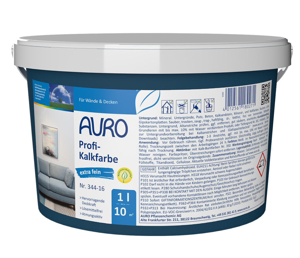 AURO Profi-Kalkfarbe, extra fein Nr. 344-16 in 1 Liter Gebinde – mineralische Wandfarbe mit glatter, kalktypischer Oberfläche