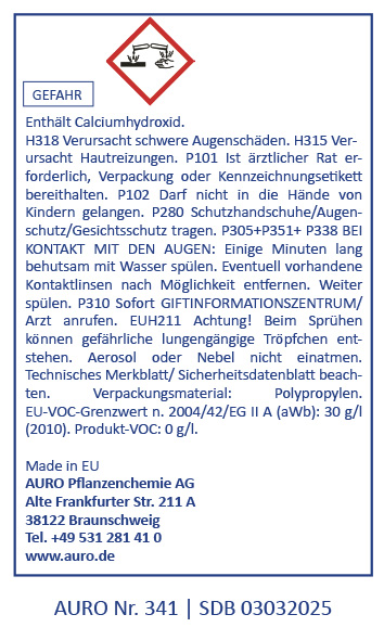 Ein deutsches Chemikaliensicherheitsetikett mit Gefahrensymbolen und ausführlichen Sicherheitshinweisen für ein Produkt, das Calciumhydroxid enthält, zusammen mit Kontaktinformationen des Herstellers und Zertifizierungsdetails in einem blau umrandeten Fel