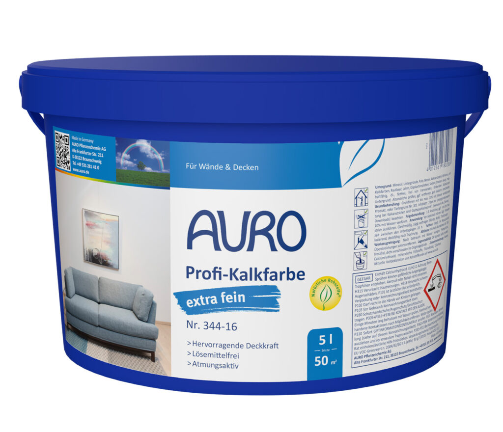 AURO Profi-Kalkfarbe, extra fein Nr. 344-16 in 5 Liter Gebinde – geruchsabsorbierend und diffusionsoffen für Innenräume