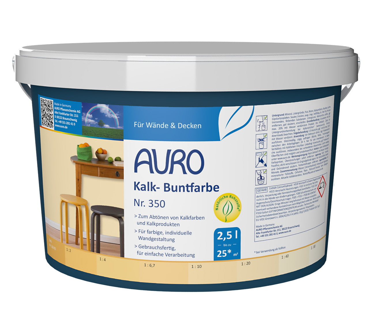 AURO Kalk-Buntfarbe Nr. 350 als 2,5 Liter Gebinde für intensive Farbgestaltung mit Kalkprodukten